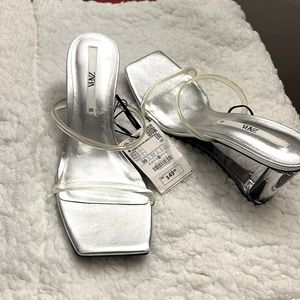 Size 39 ( US 8) Zara clear and silver heel sandal